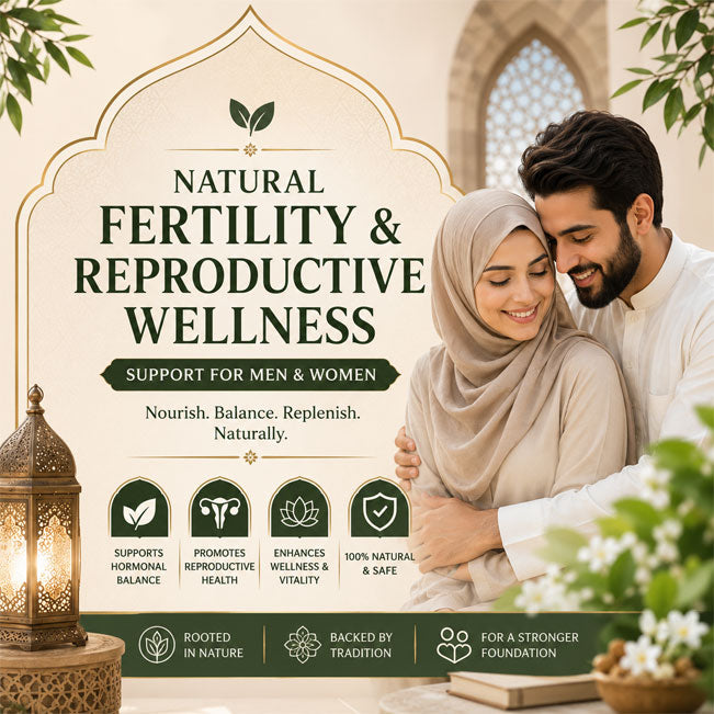 Couple embracing with text about natural fertility and reproductive wellness. Shifa e Ajwa paste