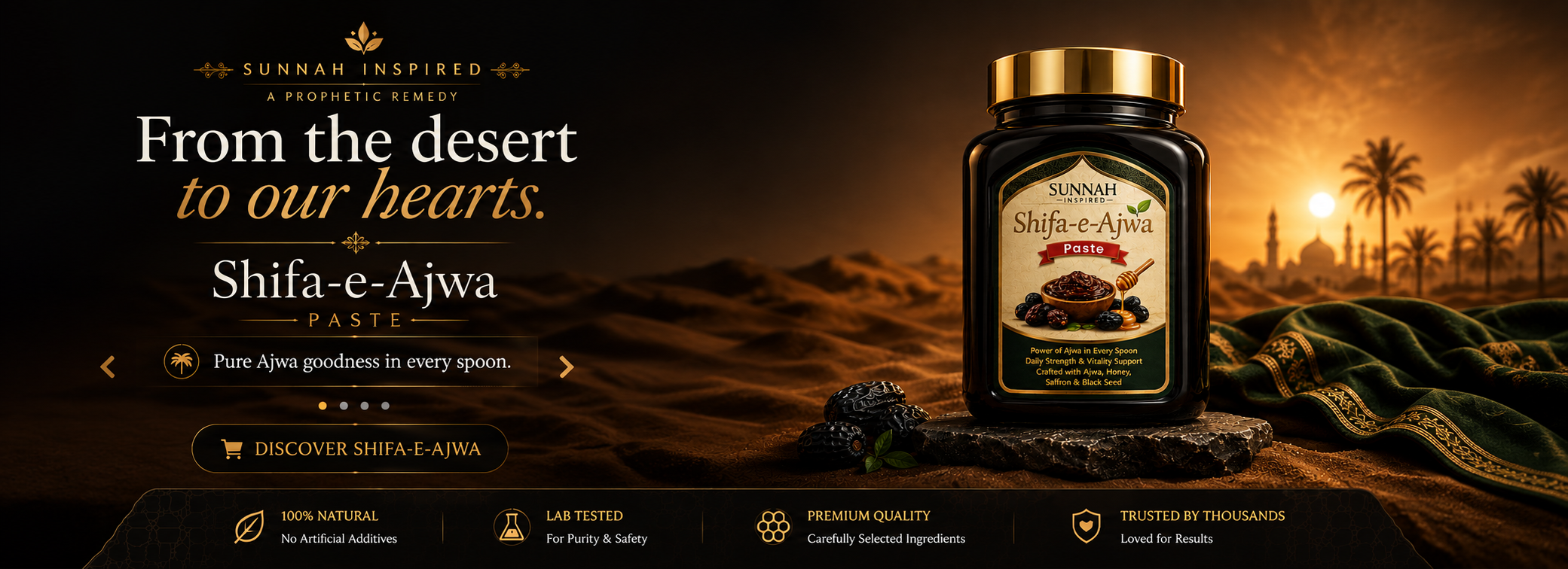 A bottle of Shifa-e-Ajwa Paste by Sunnah Inspired is displayed on a dark desert-themed background with golden sand dunes, a sunset, and a minaret. The bottle is dark brown with a gold cap and a detailed label.